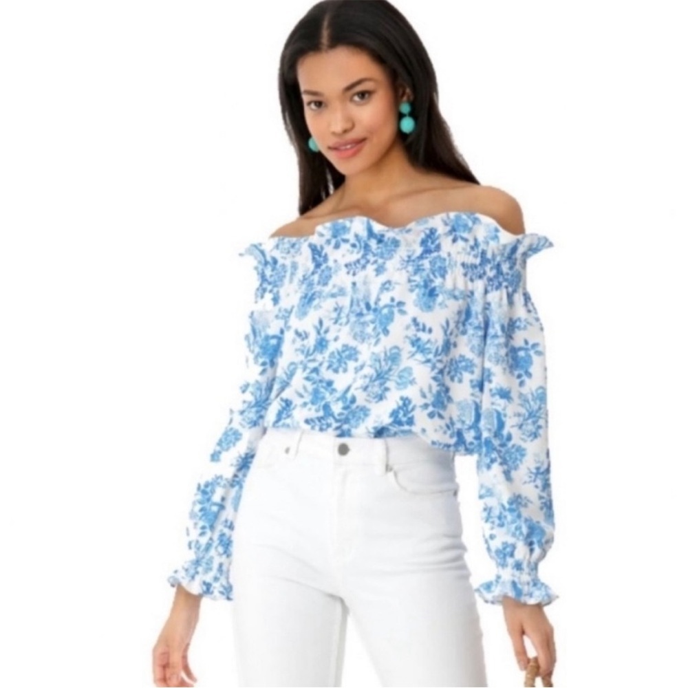 TUCKERNUCK Off the Shoulder Marguerite Blouse Majolica Blue White Floral Sz XS